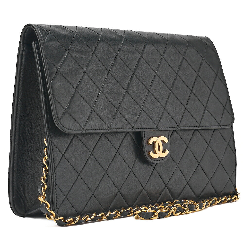 CHANEL Lambskin Matelasse Push Lock Chain Shoulder Black Gold-Tone Hardware, Pre-Owned