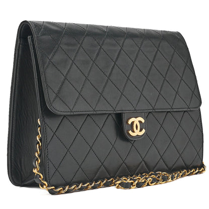 CHANEL Lambskin Matelasse Push Lock Chain Shoulder Black Gold-Tone Hardware, Pre-Owned