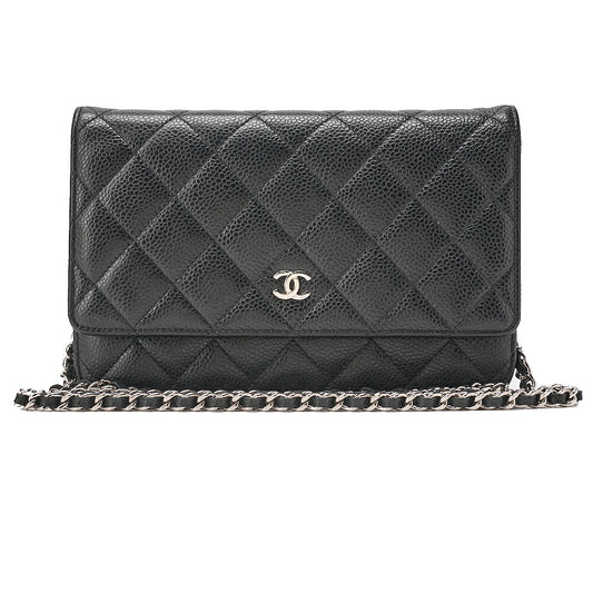 CHANEL Caviar Skin Matelasse Chain Wallet Black Silver-Tone Hardware, Pre-Owned