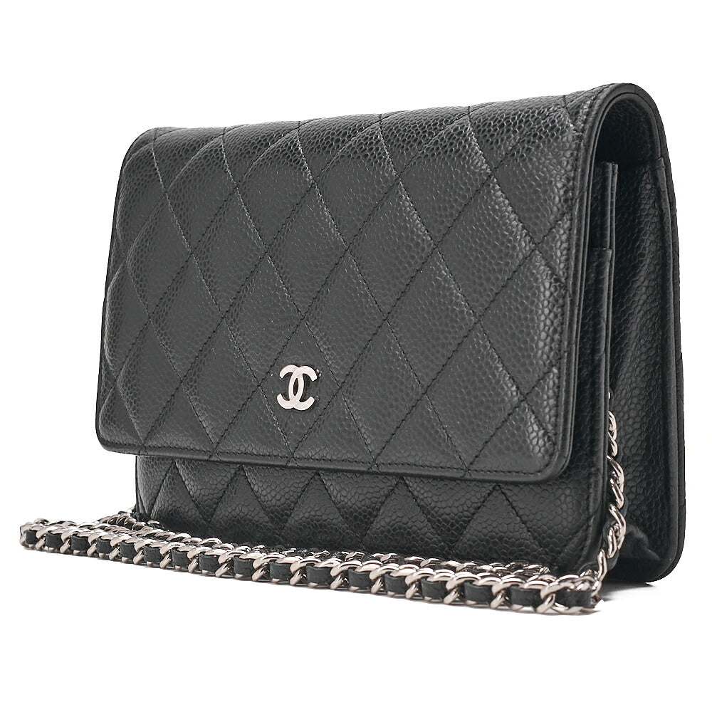 CHANEL Caviar Skin Matelasse Chain Wallet Black Silver-Tone Hardware, Pre-Owned
