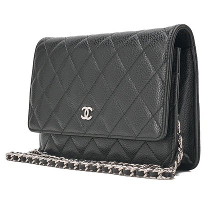 CHANEL Caviar Skin Matelasse Chain Wallet Black Silver-Tone Hardware, Pre-Owned