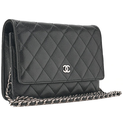 CHANEL Caviar Skin Matelasse Chain Wallet Black Silver-Tone Hardware, Pre-Owned