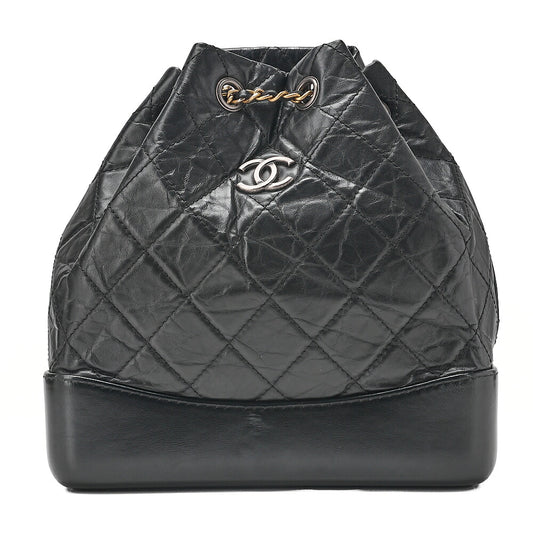 CHANEL Vintage Calf Gabrielle de Chanel Drawstring Chain Backpack Black Gold x Silver-Tone Hardware, Pre-Owned