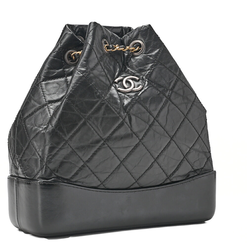 CHANEL Vintage Calf Gabrielle de Chanel Drawstring Chain Backpack Black Gold x Silver-Tone Hardware, Pre-Owned