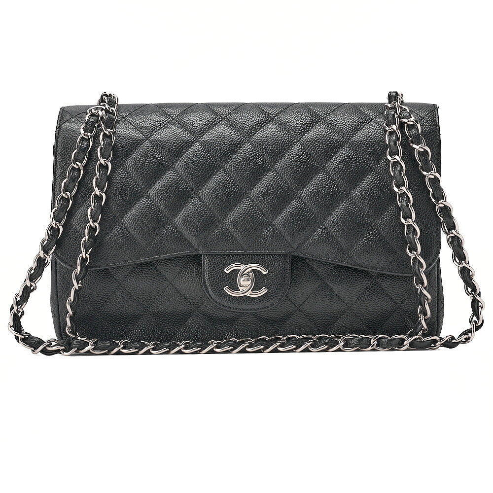 CHANEL Deka Matelasse 30 Double Flap Chain Shoulder Bag Caviar Skin Black Silver-Tone Hardware, Pre-Owned