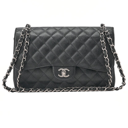 CHANEL Deka Matelasse 30 Double Flap Chain Shoulder Bag Caviar Skin Black Silver-Tone Hardware, Pre-Owned