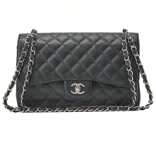CHANEL Deka Matelasse 30 Double Flap Chain Shoulder Bag Caviar Skin Black Silver-Tone Hardware, Pre-Owned