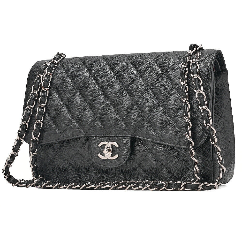 CHANEL Deka Matelasse 30 Double Flap Chain Shoulder Bag Caviar Skin Black Silver-Tone Hardware, Pre-Owned
