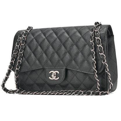 CHANEL Deka Matelasse 30 Double Flap Chain Shoulder Bag Caviar Skin Black Silver-Tone Hardware, Pre-Owned