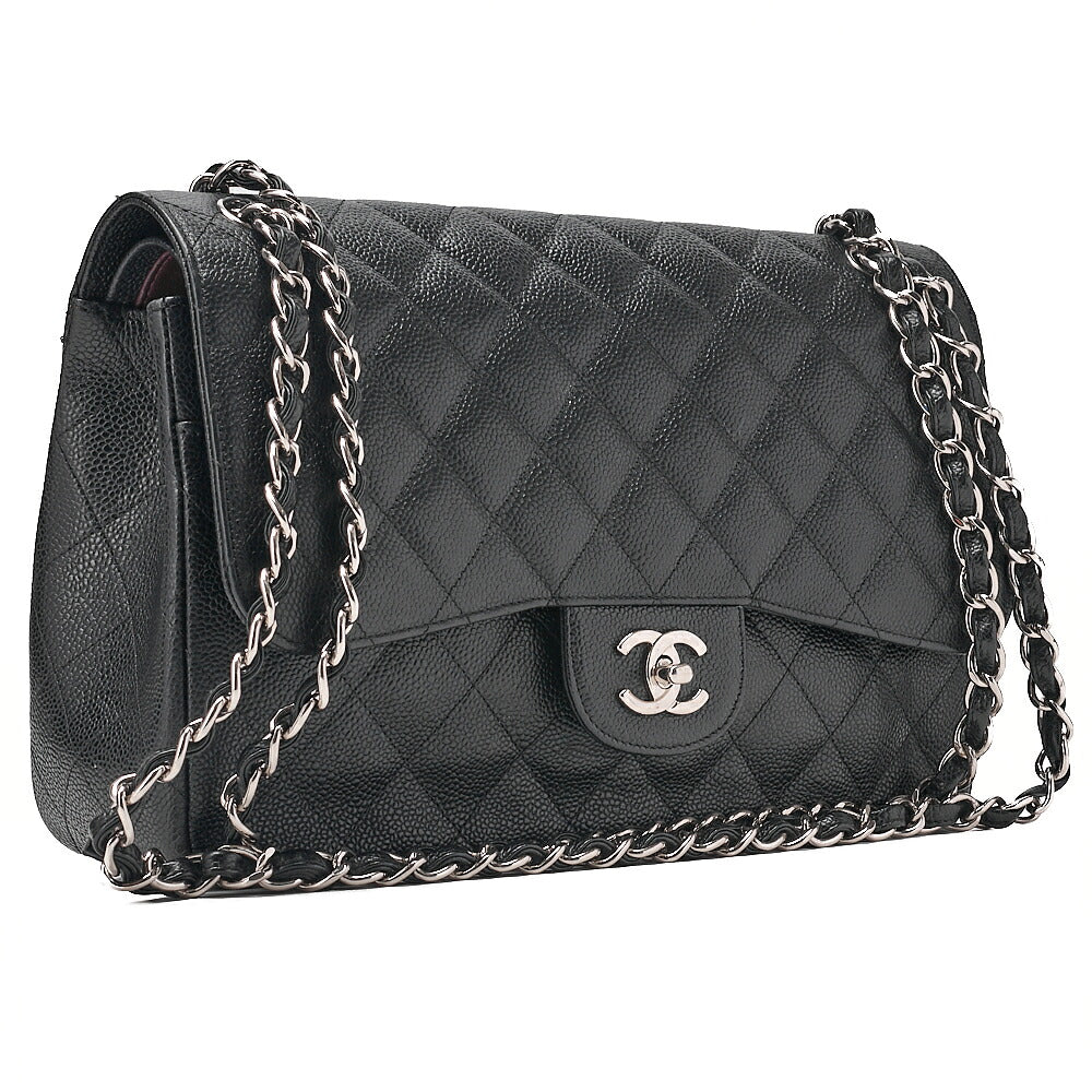 CHANEL Deka Matelasse 30 Double Flap Chain Shoulder Bag Caviar Skin Black Silver-Tone Hardware, Pre-Owned