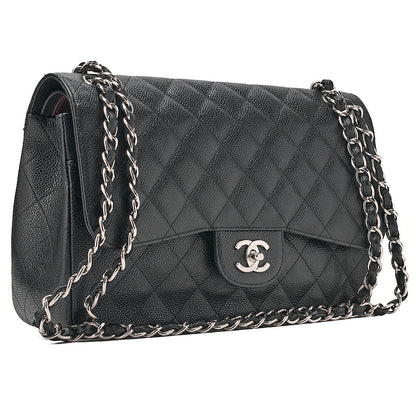 CHANEL Deka Matelasse 30 Double Flap Chain Shoulder Bag Caviar Skin Black Silver-Tone Hardware, Pre-Owned