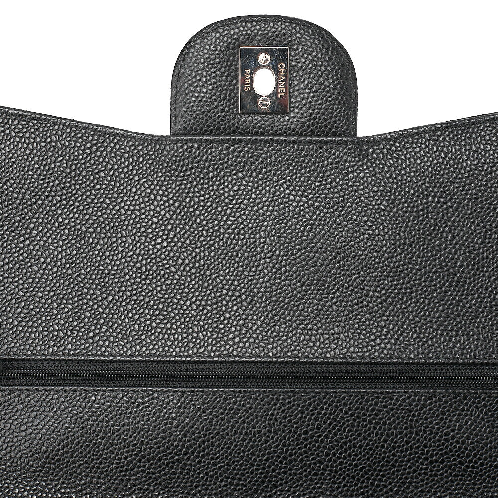 CHANEL Deka Matelasse 30 Double Flap Chain Shoulder Bag Caviar Skin Black Silver-Tone Hardware, Pre-Owned