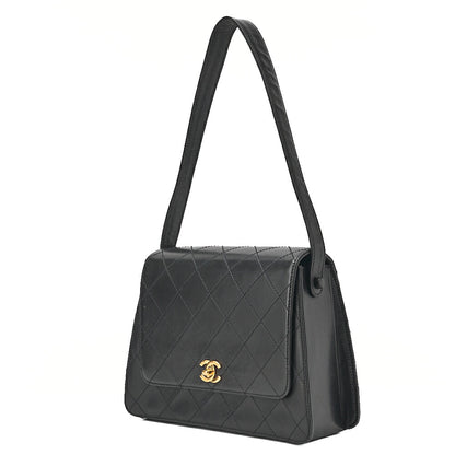 CHANEL Calfskin Matelasse Turn Lock Shoulder Black Gold-Tone Hardware, Pre-Owned