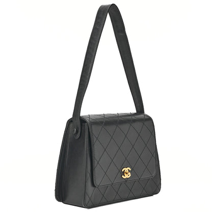 CHANEL Calfskin Matelasse Turn Lock Shoulder Black Gold-Tone Hardware, Pre-Owned