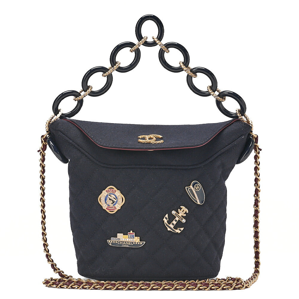 CHANEL Wool x Lambskin Paris-Hamburg 2-way Chain Shoulder Bag Navy x Red Gold-Tone Hardware, Pre-Owned