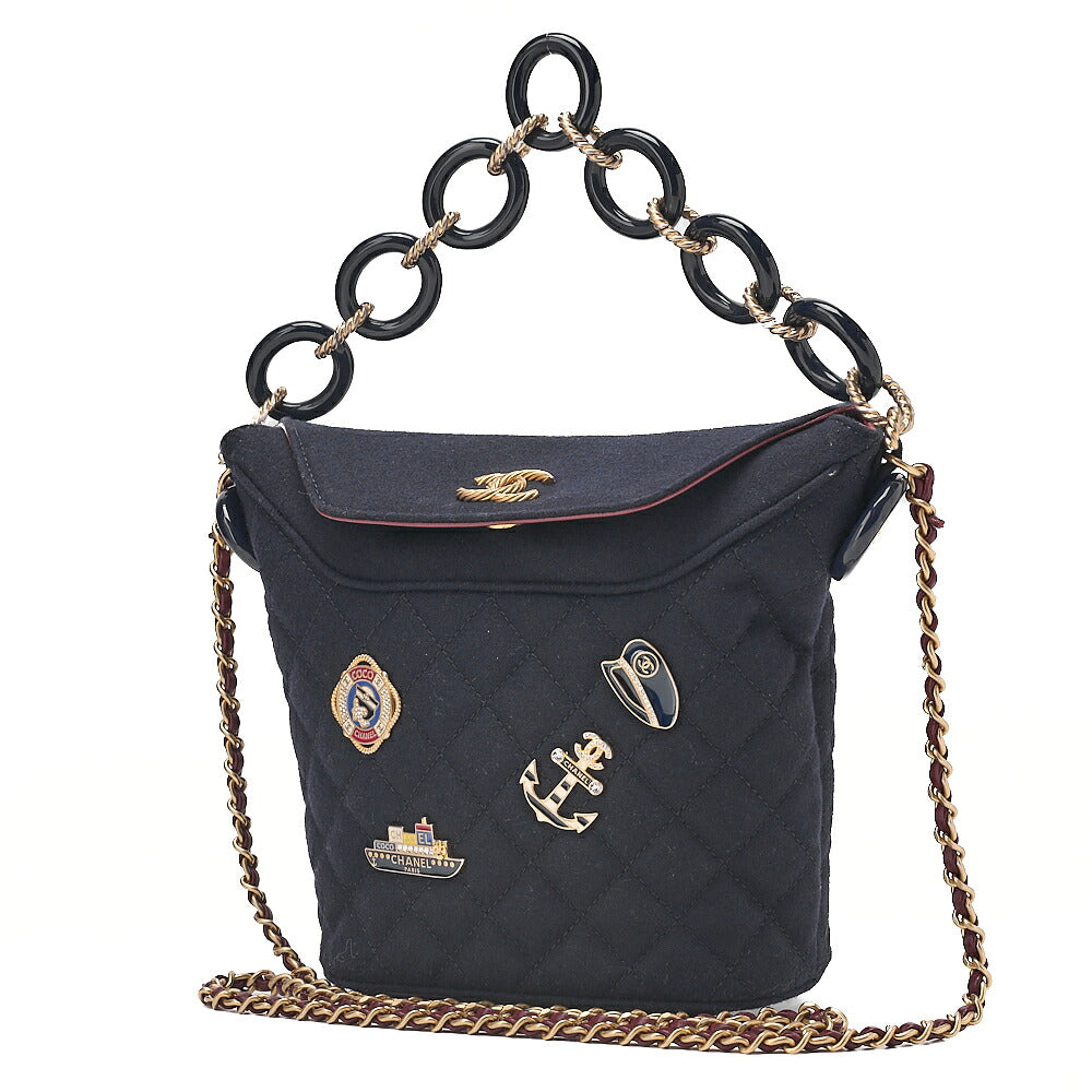 CHANEL Wool x Lambskin Paris-Hamburg 2-way Chain Shoulder Bag Navy x Red Gold-Tone Hardware, Pre-Owned