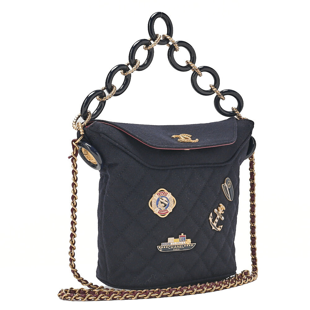 CHANEL Wool x Lambskin Paris-Hamburg 2-way Chain Shoulder Bag Navy x Red Gold-Tone Hardware, Pre-Owned