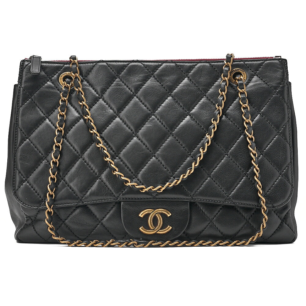 CHANEL Matelasse Calfskin Full Flap Chain Shoulder Black Gold-Tone Hardware, Pre-Owned