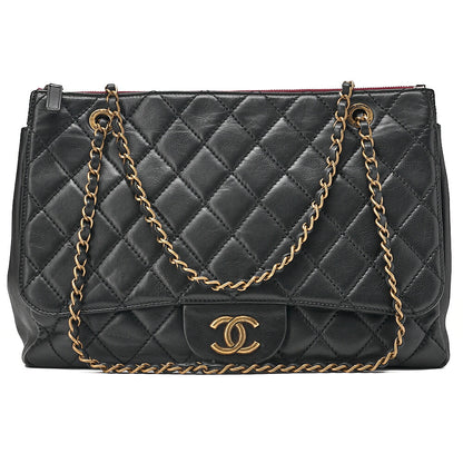 CHANEL Matelasse Calfskin Full Flap Chain Shoulder Black Gold-Tone Hardware, Pre-Owned