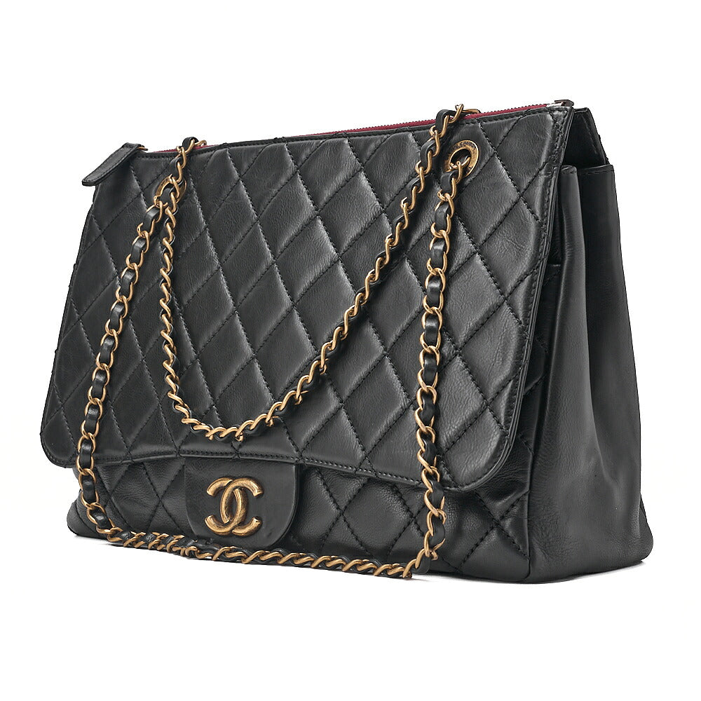 CHANEL Matelasse Calfskin Full Flap Chain Shoulder Black Gold-Tone Hardware, Pre-Owned
