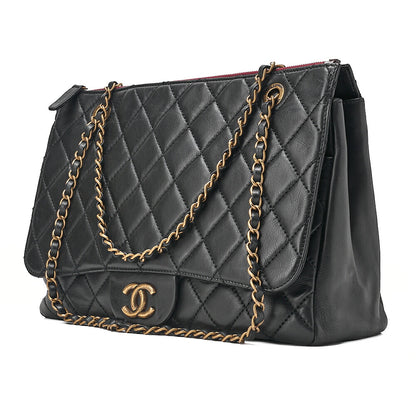 CHANEL Matelasse Calfskin Full Flap Chain Shoulder Black Gold-Tone Hardware, Pre-Owned