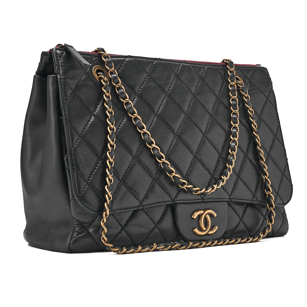 CHANEL Matelasse Calfskin Full Flap Chain Shoulder Black Gold-Tone Hardware, Pre-Owned