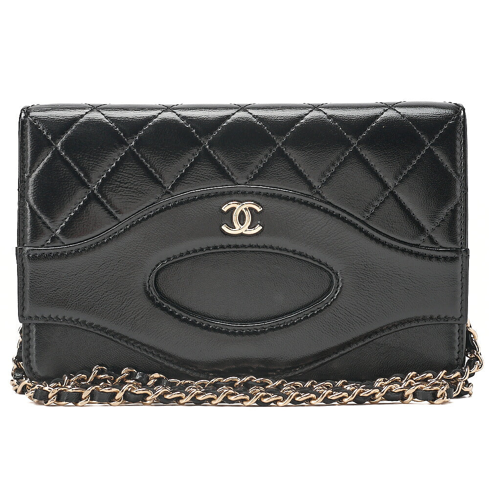CHANEL Patent Leather Matelasse Chain Wallet Black Gold-Tone Hardware, Pre-Owned