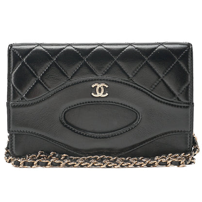CHANEL Patent Leather Matelasse Chain Wallet Black Gold-Tone Hardware, Pre-Owned