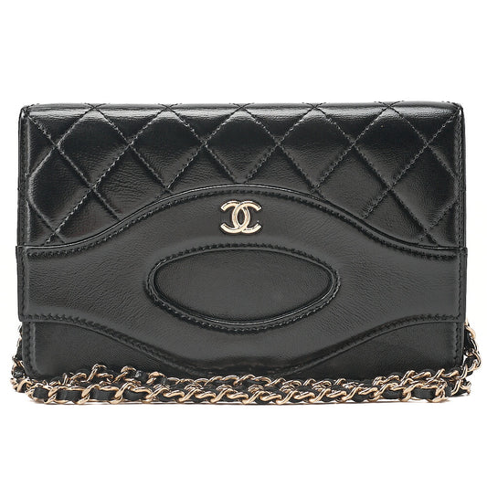 CHANEL Patent Leather Matelasse Chain Wallet Black Gold-Tone Hardware, Pre-Owned