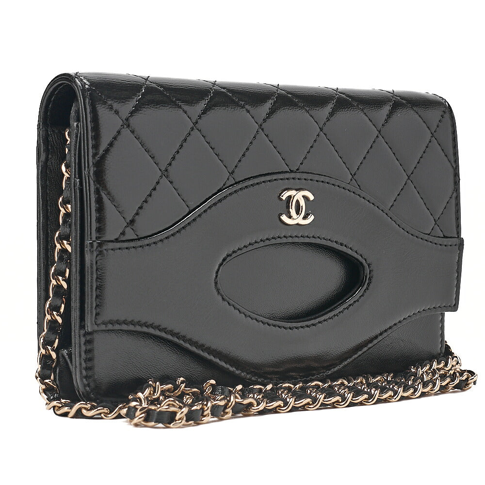 CHANEL Patent Leather Matelasse Chain Wallet Black Gold-Tone Hardware, Pre-Owned