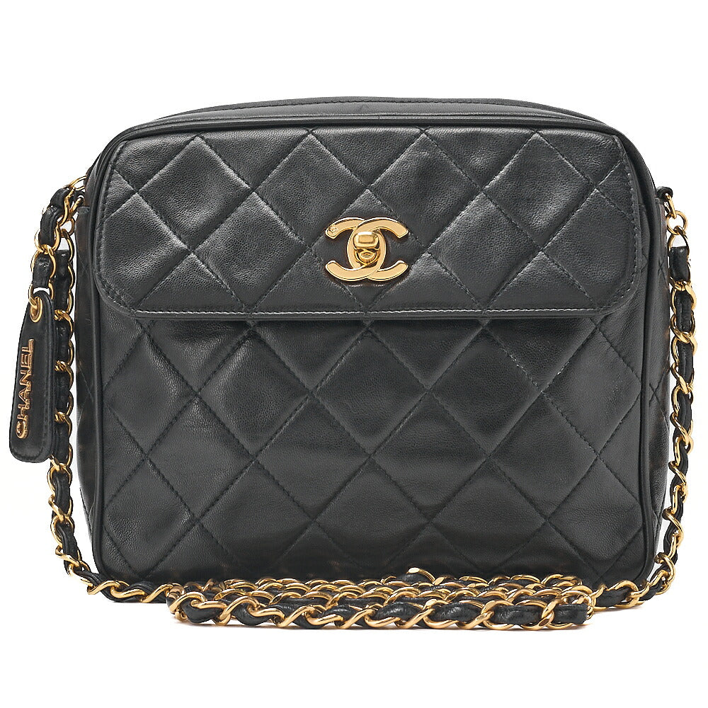 CHANEL Lambskin Matelasse Turn Lock Plate Charm Chain Shoulder Black Gold-Tone Hardware, Pre-Owned
