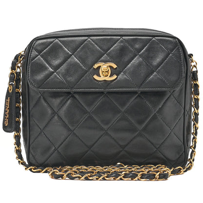 CHANEL Lambskin Matelasse Turn Lock Plate Charm Chain Shoulder Black Gold-Tone Hardware, Pre-Owned