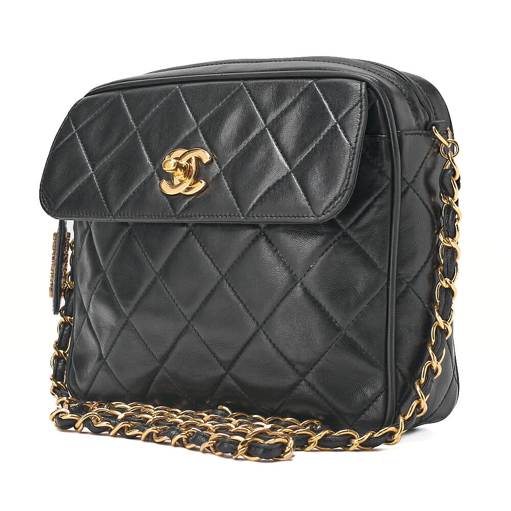 CHANEL Lambskin Matelasse Turn Lock Plate Charm Chain Shoulder Black Gold-Tone Hardware, Pre-Owned