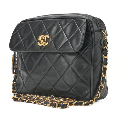 CHANEL Lambskin Matelasse Turn Lock Plate Charm Chain Shoulder Black Gold-Tone Hardware, Pre-Owned