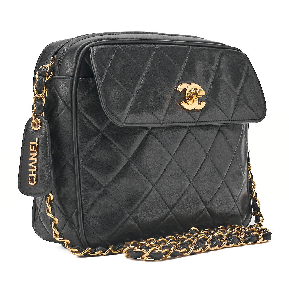 CHANEL Lambskin Matelasse Turn Lock Plate Charm Chain Shoulder Black Gold-Tone Hardware, Pre-Owned