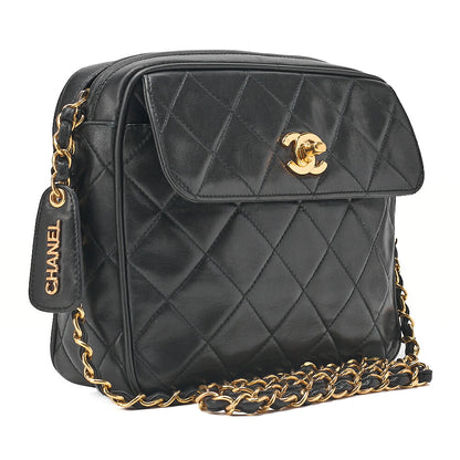 CHANEL Lambskin Matelasse Turn Lock Plate Charm Chain Shoulder Black Gold-Tone Hardware, Pre-Owned
