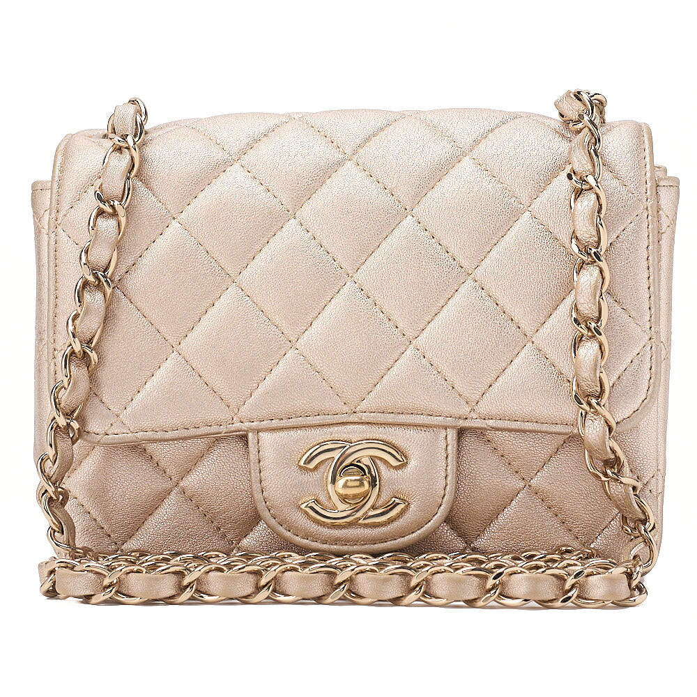 CHANEL Lambskin Mini Matelasse 17 Turn Lock Chain Shoulder Gold Gold-Tone Hardware, Pre-Owned