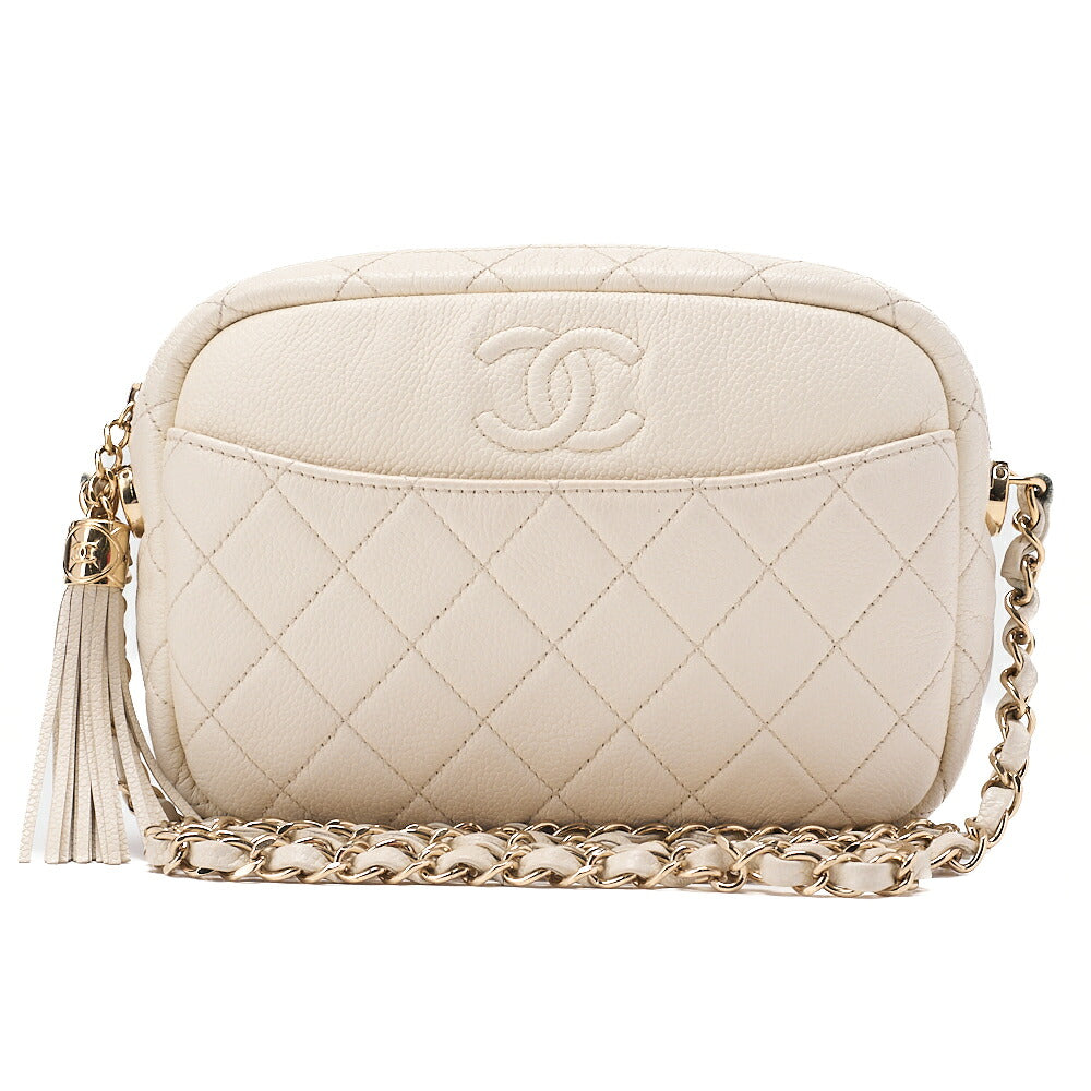 CHANEL Caviar Skin Matelasse Coco Mark Fringe Chain Shoulder Ivory Gold-Tone Hardware, Pre-Owned