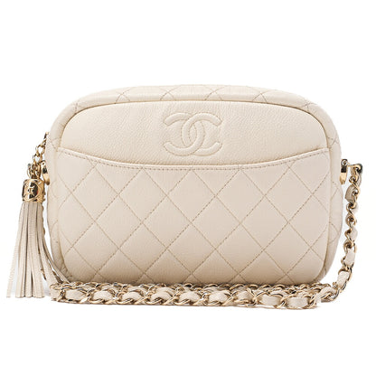 CHANEL Caviar Skin Matelasse Coco Mark Fringe Chain Shoulder Ivory Gold-Tone Hardware, Pre-Owned