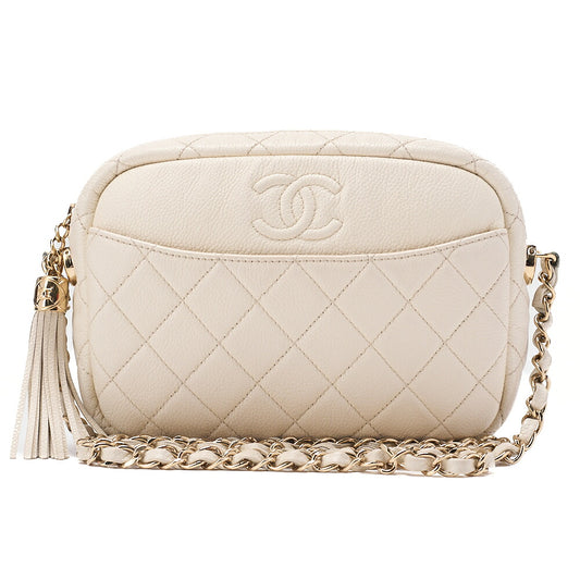 CHANEL Caviar Skin Matelasse Coco Mark Fringe Chain Shoulder Ivory Gold-Tone Hardware, Pre-Owned