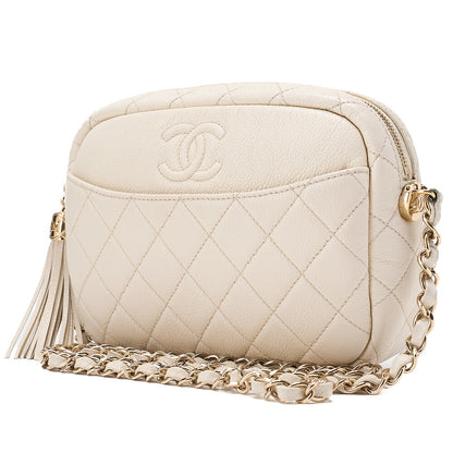 CHANEL Caviar Skin Matelasse Coco Mark Fringe Chain Shoulder Ivory Gold-Tone Hardware, Pre-Owned