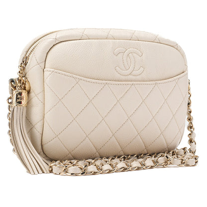 CHANEL Caviar Skin Matelasse Coco Mark Fringe Chain Shoulder Ivory Gold-Tone Hardware, Pre-Owned