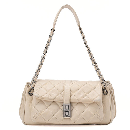 CHANEL Caviar Skin Matelasse 2.55 Tan Lock Chain Shoulder Ivory Silver-Tone Hardware, Pre-Owned