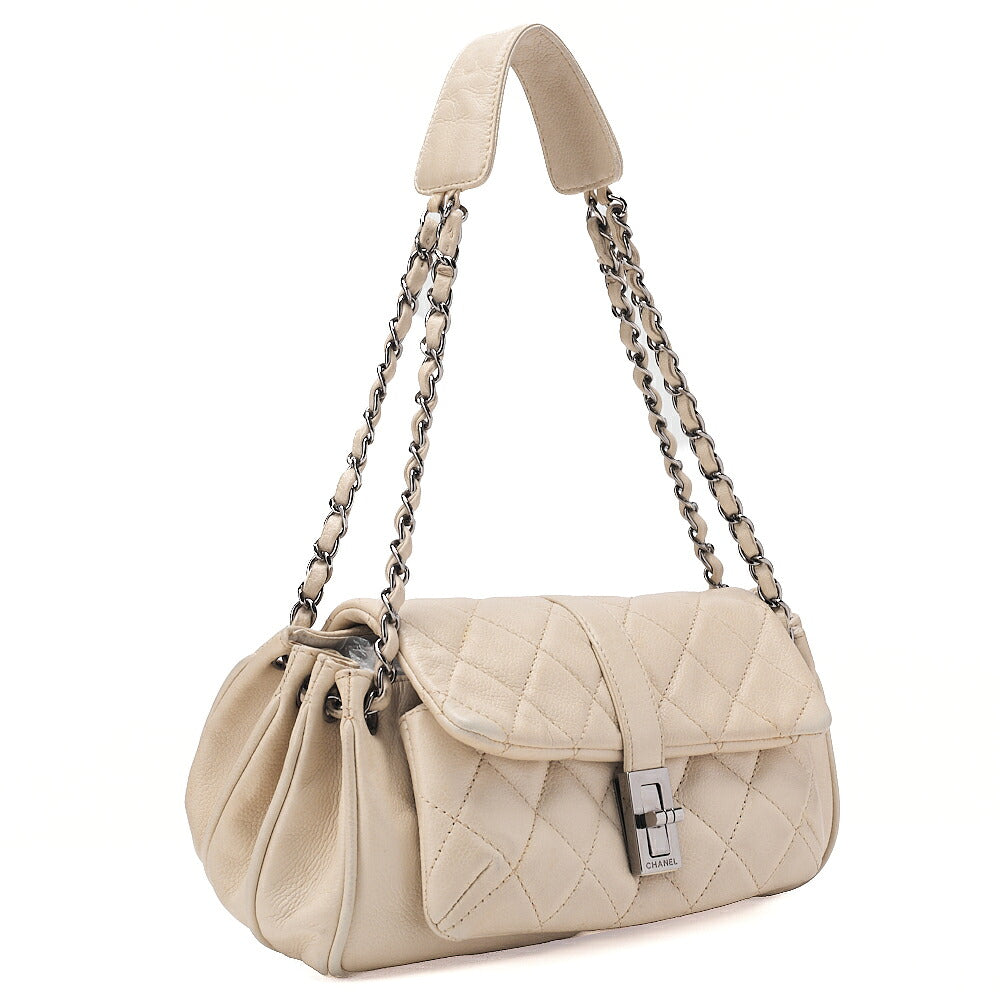 CHANEL Caviar Skin Matelasse 2.55 Tan Lock Chain Shoulder Ivory Silver-Tone Hardware, Pre-Owned
