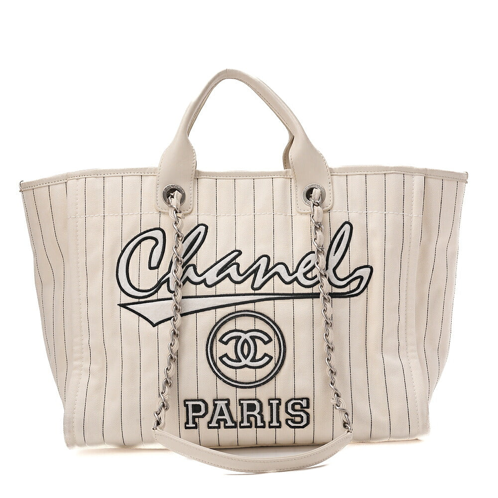 CHANEL Deauville GM Canvas x Lambskin Logo Mark 2WAY Chain Shoulder White x Black Silver-Tone Hardware, Pre-Owned