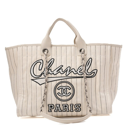 CHANEL Deauville GM Canvas x Lambskin Logo Mark 2WAY Chain Shoulder White x Black Silver-Tone Hardware, Pre-Owned
