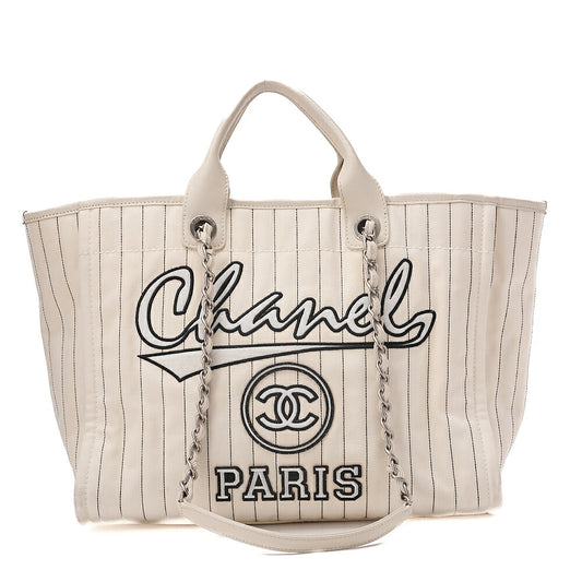 CHANEL Deauville GM Canvas x Lambskin Logo Mark 2WAY Chain Shoulder White x Black Silver-Tone Hardware, Pre-Owned