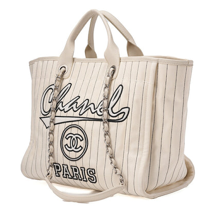 CHANEL Deauville GM Canvas x Lambskin Logo Mark 2WAY Chain Shoulder White x Black Silver-Tone Hardware, Pre-Owned