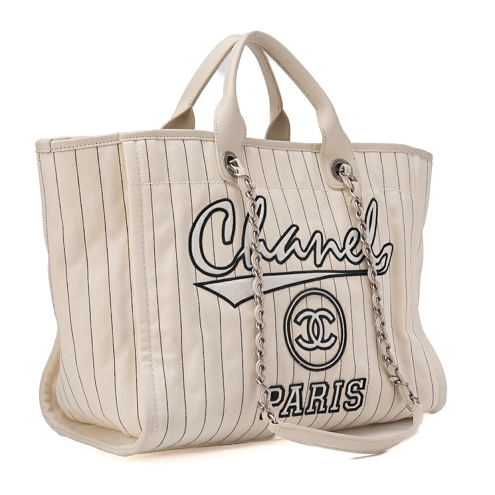 CHANEL Deauville GM Canvas x Lambskin Logo Mark 2WAY Chain Shoulder White x Black Silver-Tone Hardware, Pre-Owned