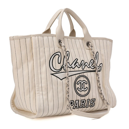 CHANEL Deauville GM Canvas x Lambskin Logo Mark 2WAY Chain Shoulder White x Black Silver-Tone Hardware, Pre-Owned